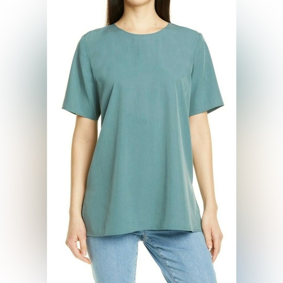 New Womens Eileen Fisher Round Neck Boxy Dragonfly Short Sleeve Top Blouse Sz L - Picture 1 of 7